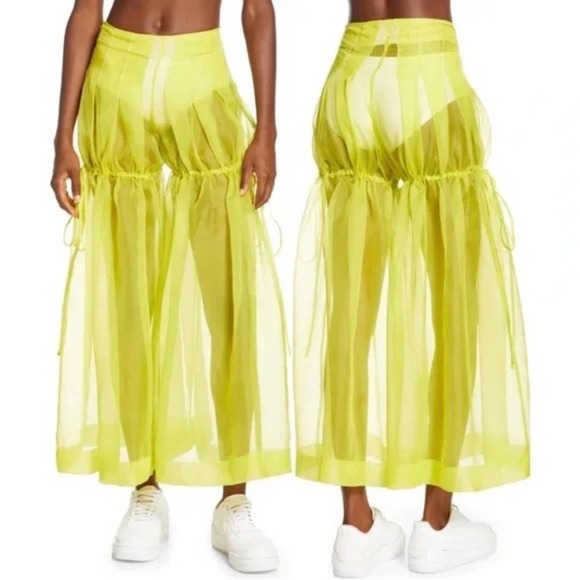 William Okpo Pants - William Okpo Walker Side Tie Wide Leg Chartreuse Silk Pants 6